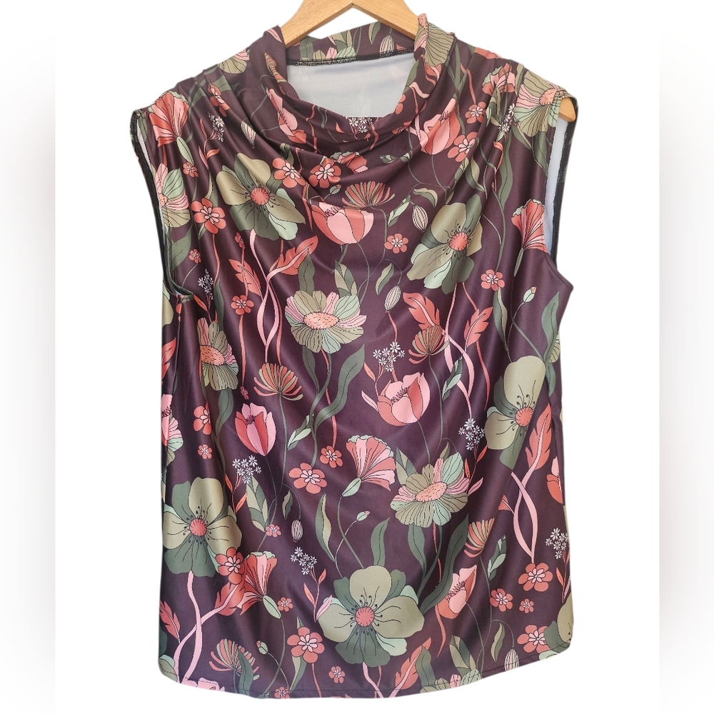 Yoga Democracy Goddess Cowl Neck‎ Eco Friendly Brown Floral Print Tank, Size L